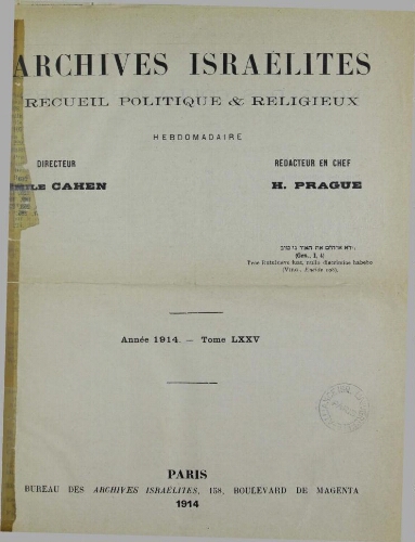 Archives israélites de France. Vol.75 Table des matières